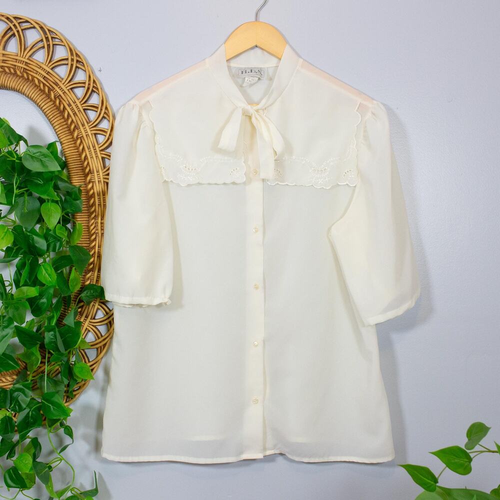 VTG HDS Originals Cream Lace Yoke Blouse Neck Bow Romantic Sheer | Light Spring